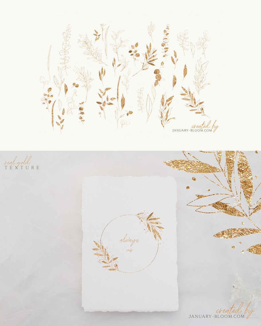 January Bloom | Watercolour Foliage & Golden Leaves - ANA & YVY